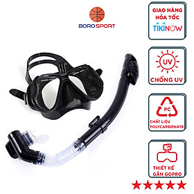 Mặt Nạ Lặn Kính Cường Lực YESURE chất liệu Polycarbonate chống hơi nước, dây đeo và phần viền silicon tạo cảm giác thoải mái khi đeo , chống tia UV có chân gắn Gopro - Kèm ống thở van 1 chiều cao cấp - Đen