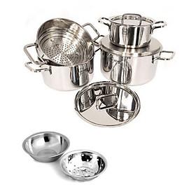 Bộ nồi xửng Fivestar 3 lớp đáy liền nắp inox tặng bộ thau rổ-Hàng Chính Hãng