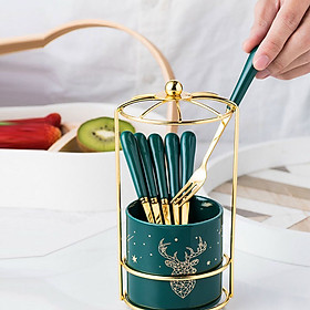 Mua Bộ Ống Đựng Nĩa  Muỗng Bằng Sứ + 6 Nĩa Inox 304 Màu Xanh Lưu Ly |