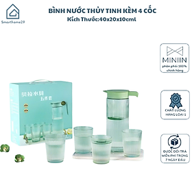 Bình Nước Thủy Tinh Cao Cấp Có Tay Cầm Kèm 4 Cốc, Bộ Ấm Nước 1000ml Vân Sọc Sang Trọng - HÀNG CHÍNH HÃNG MINIIN