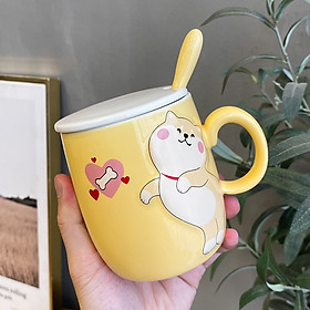 Ly cốc sứ mèo má hồng dễ thương kèm thìa, nắp 400ml