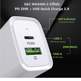 Mua Củ Sạc Nhanh PD 18W/20W (Type-C)/ QC3.0 (USB Quick Charger) 2 cổng Power dành cho Iphone/ Ipad/ Samsung/Oppo/Xiaomi - Hàng Nhập Khẩu