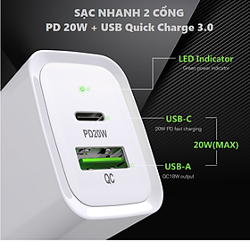 Hình ảnh Củ Sạc Nhanh PD 18W/20W (Type-C)/ QC3.0 (USB Quick Charger) 2 cổng Power dành cho Iphone/ Ipad/ Samsung/Oppo/Xiaomi - Hàng Nhập Khẩu