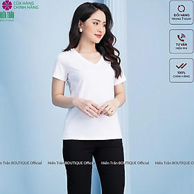 Áo phông nữ Hiền Trần BOUTIQUE cộc tay cổ tim chữ v thun trơn form rộng co giãn màu đen trắng cam bigsize thời trang basic