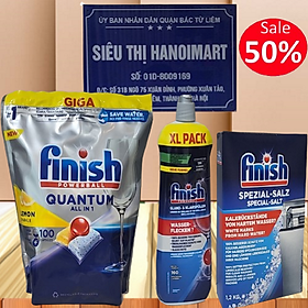 Muối Finish 1.5kg + Bóng Finish 1150ml + 100 Viên Finish Quantum dùng cho Máy Rửa Bát