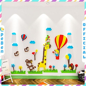 Tranh dán tường mica 3d decor khổ lớn khinh khí cầu hươu cao cổ và bé trang trí mầm non, mẫu giáo, phòng cho bé