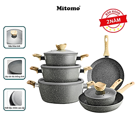Bộ nồi chảo vân đá 6 món chống dính cao cấp Mitomo Queen Time, dùng cho bếp từ, bếp ga - Hàng chính hãng