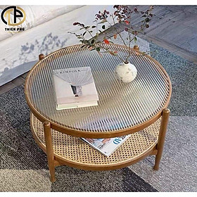 Mua Bàn trà Tròn Gỗ Sồi Kết Hợp Mây Mắt Cáo Mix Kính Cường Lực 2 Tầng Phong Cách RUSTIC