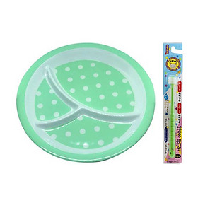 Combo Khay ăn chia 3 ngăn cho bé họa tiết chấm bi, dáng tròn màu xanh lá + Bàn chải đánh răng 360 độ Higuchi cho trẻ từ 3 tuổi - Nội địa Nhật Bản
