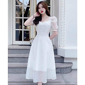 Váy đầm nữ dáng xòe tay phồng đính cườm chất voan hai lớp cao cấp xinh xắn