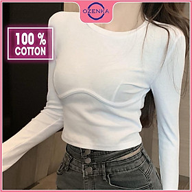 Áo croptop tay dài cổ tròn ôm nữ , áo thu đông tôn ngực mặc đi học đi chơi chất len tăm 100% cotton đen trắng