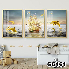 Tranh treo tường canvas khung gỗ 3 bức phong cách hiện đại Bắc Âu tranh biển trang trí phòng khách phòng ngủ spa 35