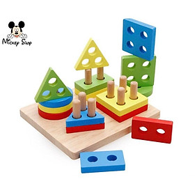 Bộ xếp hình montessori, Đồ chơi thả hình 4 trụ, đồ chơi gỗ phát triển trí tuệ