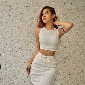 QUẢNG CHÂU Áo croptop trắng, cổ tròn, chéo lưng trẻ trung, cá tính CAO CẤP