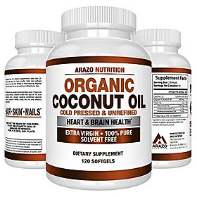 Organic Coconut Oil 2000mg - 100% Extra Virgin Cold Pressed for Weight Support, Skin, Hair, Nails - 120 Softgel Capsules - Arazo Nutrition