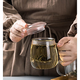 Ly cốc thủy tinh 2 lớp cao cấp kèm lọc trà nắp tròn vòm 350ml