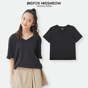 Áo Mùa Hè Cho Bé Gái MissMeow,Size Đại ,Áo Cotton Thun Cổ Tim Cộc Tay Dáng Rộng 12-15