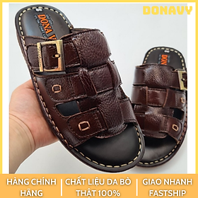 Dép quai ngang nam da bò cao cấp DONAVY, thiết kế kiểu khuy đồng thời trang D3KD