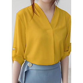 Áo sơ mi công sở kiểu áo sơ mi đơn giản tay lỡ cổ V GOTI 3084 - VÀNG - XL 56-63KG