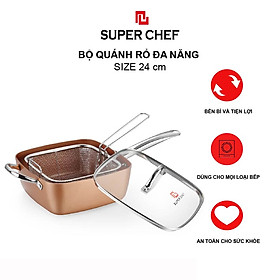 Bộ Nồi Chống Dính Ceramic Vuông Và Rổ Chiên Inox 304 5 Trong 1 Đa Năng Siêu Tiện Lợi, Dùng Mọi Loại Bếp, Thách Thức Mọi Món Ăn,  Chống Dính An Toàn, Không Bong Tróc, Hạn Chế Trầy Xước SIêu Bền Bỉ