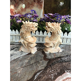 Cặp Cá Chép hóa Rồng phong thủy đá cẩm thạch vàng cà rốt - Cao 15 cm