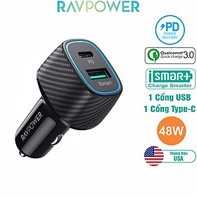 Củ Sạc Điện Thoại Trên Ô Tô 48W PD 30W QC 3.0 1 Cổng Type-C Và 1 Cổng USB-A RAVPower RP-VC019 - Hàng Chính Hãng