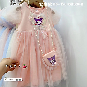 Váy công chúa bé gái cộc tay tặng túi, Đầm dự tiệc cho bé 1-6 tuổi hình Elsa kuromi lấp lánh vải ren điệu đà đáng yêu