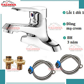 Vòi chậu lavabo nóng lạnh 2 chân Valenza 1402 chất liệu đồng thau mạ crome cho chậu rửa mặt 3 lỗ, chân ốc đồng kèm dây cấp nước inox-Nước chảy mạnh