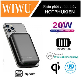 Pin sạc dự phòng 20W sạc không dây Maqsafe sạc nhanh 20W dung lượng 10000mAh hỗ trợ sạc từ tính không dây và cổng sạc nhanh chuẩn PD Type C 3.0 hiệu WIWU Snap Cube (hít nam châm, Type-C Out/in, thiết kế siêu mỏng, 3 output) - Hàng nhập khẩu - Màu Đen