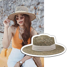 Mũ cói đi biển dáng porkpie chất liệu cỏ biển xanh tự nhiên 100  Hàng cao cấp - Mũ dây nơ be