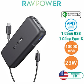 Pin Sạc Dự Phòng Nhỏ Gọn RAVPower 10000mAh Quick Charge 3.0 + PD 29W, In/Out Type-C - RP-PB186 - Hàng Chính Hãng