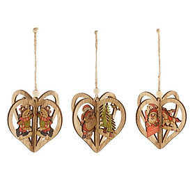 3 Pieces 3D Heart Wooden Christmas Tree Decorations Xmas Hanging Ornaments