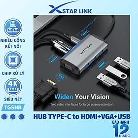 Hub Type-C to HDMI 6 in 1 cho Macbook có sạc nhanh - Chuyển đổi HUB USB Type C to HDMI, VGA, USB 3.0, PD Type-C Vention - Hàng chính hãng  - (6 in 1) 1HDMI+1VGA+3USB+1PD