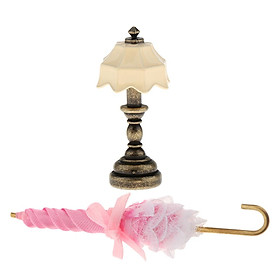 2Pcs 1:12 Mini Parasol w/ Desk Lamp Beige Lampshade for Dollhouse Furniture