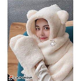 Mũ lông cừu tai gấu cho nữ kèm khăn quàng cổ có găng tay cực cute - Loại xịn 3 in 1 siêu ấm cho mùa đông 2020