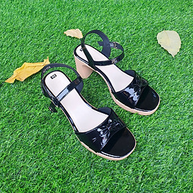 Giày Sandal Nữ cao gót TRường Hải quai ngang da bóng 2 màu đen, kem đế PU cao 8cm SD145K