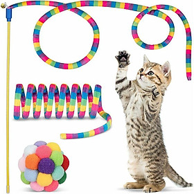 Cat Toy Trò chuyện Chat Stick Đồ chơi thú vị pom pom pom với chuông và mèo lông tương tác đồ chơi đồ chơi 3