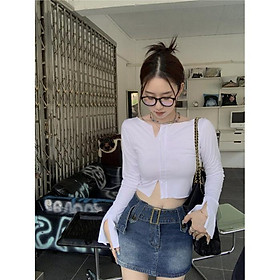 Áo croptop tay dài nữ sẻ gấu kiểu cổ rộng ozenka , áo crt thu đông thun cotton 100% màu đen trắng size dưới 55 kg