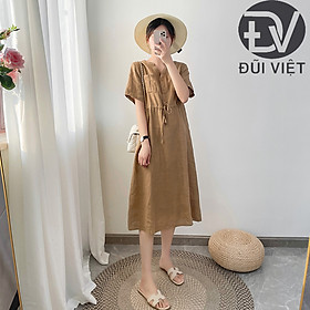 Đầm hè nữ linen suông cổ trụ tay cộc túi bổ trước, chất vải linen mềm mát Đũi Việt