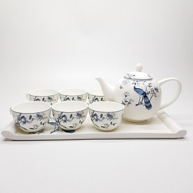 Bộ tách trà khay Sứ xương Bone Porcelain (Bình 1L, Tách 130ml) (Nhiều hoa văn)
