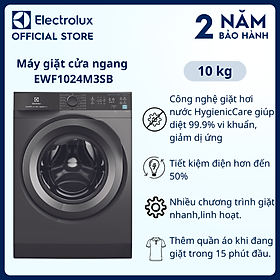 [Free Giao lắp] Máy giặt cửa ngang Electrolux 10kg UltimateCare 300 EWF1024M3SB - Xám đen Onyx diệt 99.9% vi khuẩn, giảm dị ứng, Tiết kiệm điện [Hàng chính hãng]