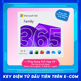 KEY ĐIỆN TỬ Phần mềm Microsoft 365 Family EP2-36890 | 12 tháng | Dành cho tối đa 6 người | 5 thiết bị/tài khoản | Word, Excel, PowerPoint | 2 TB OneDrive dùng chung