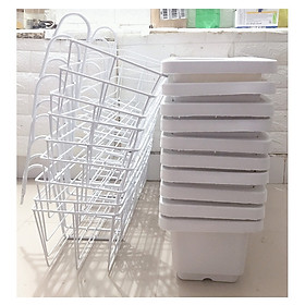 Combo 10 Giỏ Sắt Treo Chậu Hoa Ban Công Hình Chữ Nhật KT 56x18x15Cm - Màu Trắng + 10 Chậu/ Khay/ Máng Nhựa Trồng Rau, Trồng Hoa, Cây Cảnh Kích Thước 60X20X16Cm - Màu Trắng