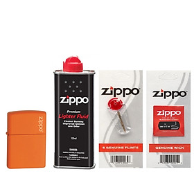 Bộ 4 Sản Phẩm: Bật Lửa Orange Matte With Zippo Logo 231ZL+Xăng+Đá+Bấc