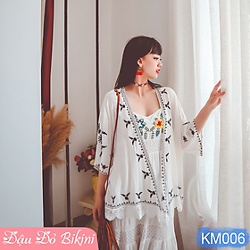 Áo khoác kimono voan ngắn đi biển, viền thổ cẩm mix họa tiết xinh | KM006