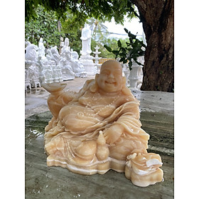 Tượng Phật Di Lặc đá Ngọc Hoàng Long nguyên khối ngồi trên bao tiền - tay cầm thỏi vàng - cạnh có hồ lô bình an