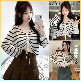 Áo len LƯỚI Montoghi dệt kim SỌC NGANG RÚT DÂY Quảng Châu xinh xắn