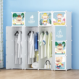 Tủ Nhựa Ghép Đựng Quần Áo Đa Năng 16 Ngăn Màu Xanh Họa Tiết Hoạt Hình