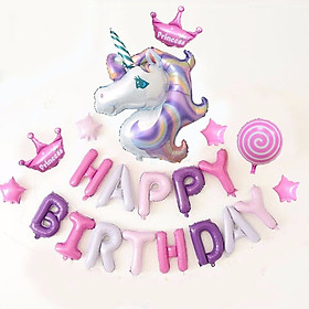 Bộ bong bóng trang trí happy birthday kỳ lân màu tím Unicorn theme upkp22
