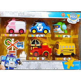Bộ đồ chơi xếp hình đội đua xe Poli Robocar Policar 5 nhân vật kèm biển báo giao thông
